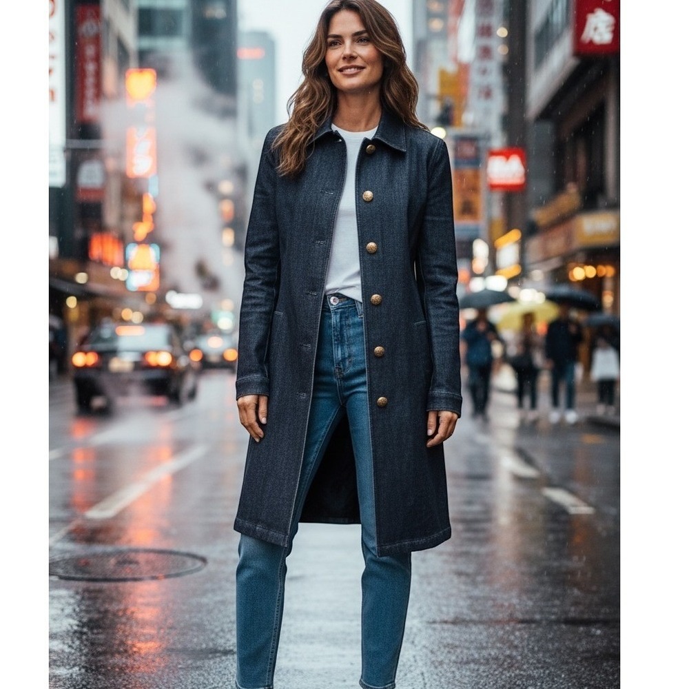 Ralph Lauren Denim Car Coat SZ10 Indigo Blue silver Crest Buttons Military Style - Picture 1 of 16